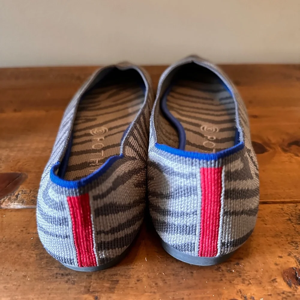 Rothy's Gray Zebra-Print Pointed Flats with Blue Trim